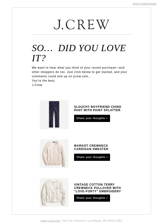 J.Crew feedback request email example showing product review collection with direct links and simple design for effective customer feedback automation in ecommerce